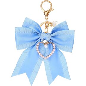 Bow Keychain for Purse Pearl Bow Keychain Bag Charms for Handbags Pearl Wristlet Key Chain Backpack Charm Cute Blue Handbag Purse Charms Chain for Purses Key Chains Car Keys Accessories in Saudi Arabia