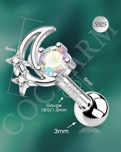 Cocharm 925 Sterling Silver Cartilage Stud أقراط 18G Helix Tragus Earrings Moon Helix Helix Stud Conch Jewelry for Women in Saudi Arabia