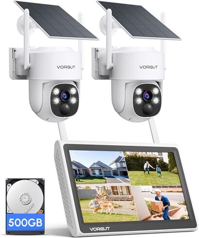 Outdoor Solar Security Camera System Wireless with 10" 10CH Monitor NVR, 2PCS 4MP PTZ Battery Powered Surveillance Camera for Home Security,Human Detection,2-Way Talk,Built-in 500G HDD in Kuwait