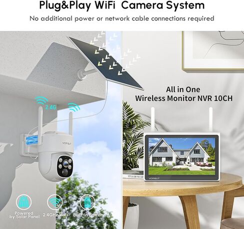 Outdoor Solar Security Camera System Wireless with 10" 10CH Monitor NVR, 2PCS 4MP PTZ Battery Powered Surveillance Camera for Home Security,Human Detection,2-Way Talk,Built-in 500G HDD in Kuwait