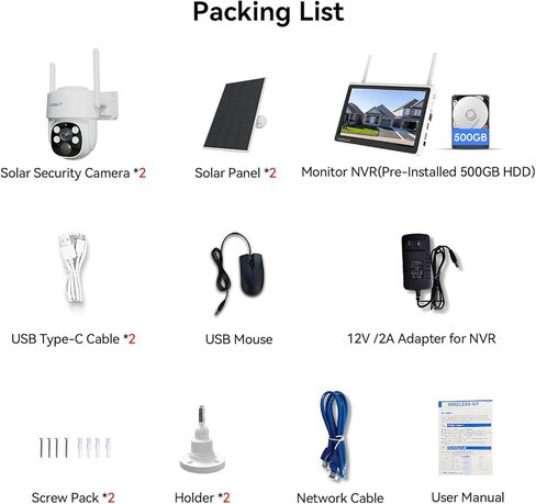 Outdoor Solar Security Camera System Wireless with 10" 10CH Monitor NVR, 2PCS 4MP PTZ Battery Powered Surveillance Camera for Home Security,Human Detection,2-Way Talk,Built-in 500G HDD in Kuwait