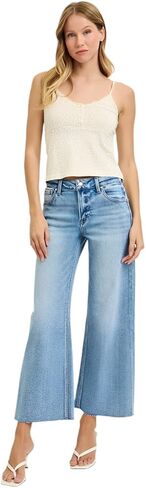 SALT TREE Risen Jeans - Mid Rise Crop Wide Raw Cut Hem Jeans - PWC21093L in Kuwait