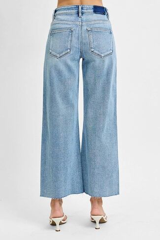 SALT TREE Risen Jeans - Mid Rise Crop Wide Raw Cut Hem Jeans - PWC21093L in Kuwait