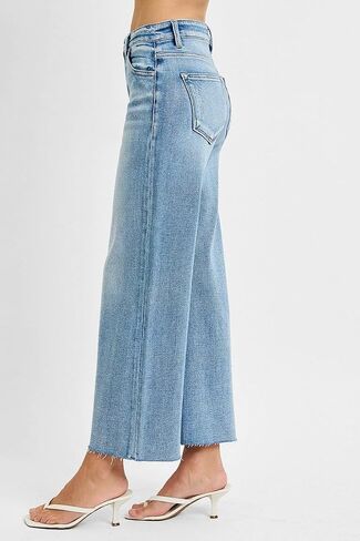 SALT TREE Risen Jeans - Mid Rise Crop Wide Raw Cut Hem Jeans - PWC21093L in Kuwait