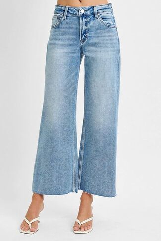SALT TREE Risen Jeans - Mid Rise Crop Wide Raw Cut Hem Jeans - PWC21093L in Kuwait