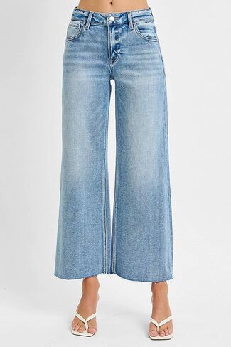 SALT TREE Risen Jeans - Mid Rise Crop Wide Raw Cut Hem Jeans - PWC21093L in Kuwait