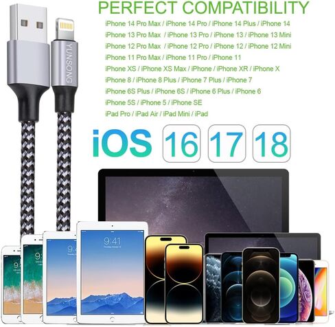 شاحن iPhone [معتمد من MFi]، كابل لايتنينج مجدول من النايلون بطول 6 أقدام، شحن سريع ومزامنة بيانات عالية السرعة، سلك USB متوافق مع iPhone 14 13 12 11 Pro Max XS XR X 8 7 6S 6 Plus SE in Saudi Arabia