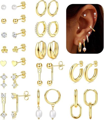 BESTEEL 14Pairs Small Gold Hoop Earrings Set for Women - 14K Gold Plated Hypoallergenic Lightweight Chunky Open Huggie Hoops Dainty Cartilage Stud Hoop Earring Stacks for Multiple Piercing in Saudi Arabia