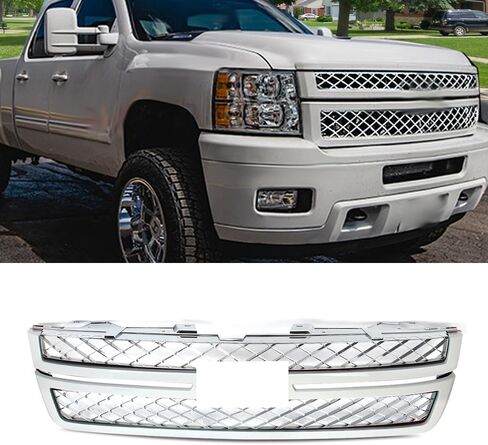 MIC Grille Grille Grill متوافق مع 2011-2014 Silverado 2500 HD 3500 HD (Summit White Trim+Chrome) in Kuwait