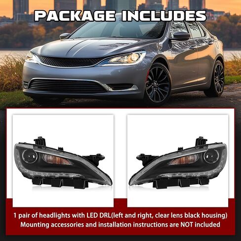 Hecasa Pair المصابيح الأمامية مجموعة W/LED DRL متوافق مع 2016-2017 Chrysler 200 LX/C/Limited/S بديل لـ CH2502293 in Kuwait
