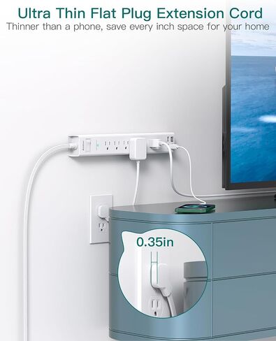 سلك تمديد بطول 10 أقدام - واقي من زيادة التيار الكهربائي، 6 منافذ تيار متردد 4 USB (2 USB C)، قابس مسطح، مثبت على الحائط، محطة شحن مكتبية متعددة المنافذ لمستلزمات غرفة النوم في المنزل والمكتب in Kuwait