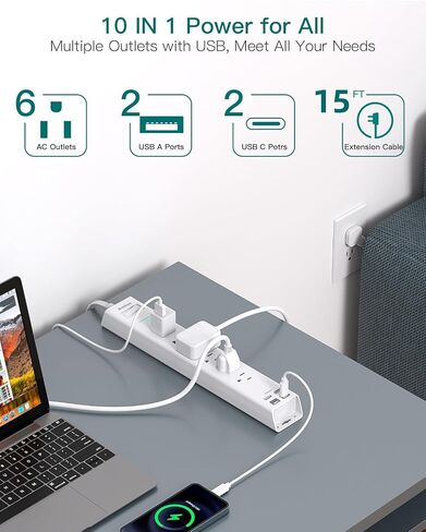 سلك تمديد بطول 10 أقدام - واقي من زيادة التيار الكهربائي، 6 منافذ تيار متردد 4 USB (2 USB C)، قابس مسطح، مثبت على الحائط، محطة شحن مكتبية متعددة المنافذ لمستلزمات غرفة النوم في المنزل والمكتب in Kuwait