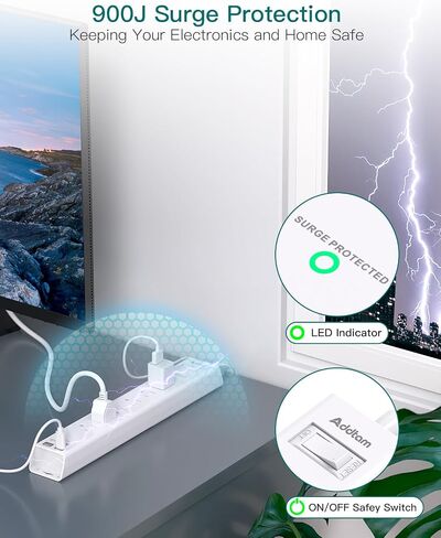 سلك تمديد بطول 10 أقدام - واقي من زيادة التيار الكهربائي، 6 منافذ تيار متردد 4 USB (2 USB C)، قابس مسطح، مثبت على الحائط، محطة شحن مكتبية متعددة المنافذ لمستلزمات غرفة النوم في المنزل والمكتب in Kuwait