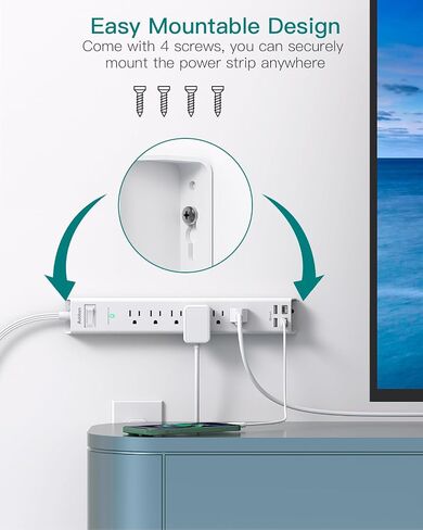 سلك تمديد بطول 10 أقدام - واقي من زيادة التيار الكهربائي، 6 منافذ تيار متردد 4 USB (2 USB C)، قابس مسطح، مثبت على الحائط، محطة شحن مكتبية متعددة المنافذ لمستلزمات غرفة النوم في المنزل والمكتب in Kuwait