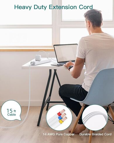 سلك تمديد بطول 10 أقدام - واقي من زيادة التيار الكهربائي، 6 منافذ تيار متردد 4 USB (2 USB C)، قابس مسطح، مثبت على الحائط، محطة شحن مكتبية متعددة المنافذ لمستلزمات غرفة النوم في المنزل والمكتب in Kuwait