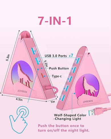 USB Hub 3.0, 7-Port USB Hub with RGB Night Light and Base, Vertical USB Hub Splitter for Desktop,Laptop, MacBook, Xbox, PS4/5, Game Console, Flash Drive, XPS, PC, Printer, Camera, Keyboard in Kuwait