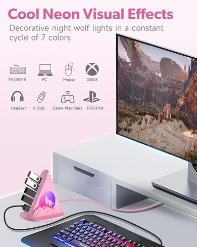 USB Hub 3.0, 7-Port USB Hub with RGB Night Light and Base, Vertical USB Hub Splitter for Desktop,Laptop, MacBook, Xbox, PS4/5, Game Console, Flash Drive, XPS, PC, Printer, Camera, Keyboard in Kuwait