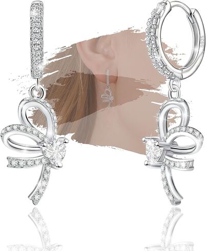 Sterling Silver Hoop Earrings for Women - Cubic Zirconia Love Heart Bow Earrings Hypoallergenic for Sensitive Ears Dainty Loop Jewelry Gifts for Wife Mom in Saudi Arabia