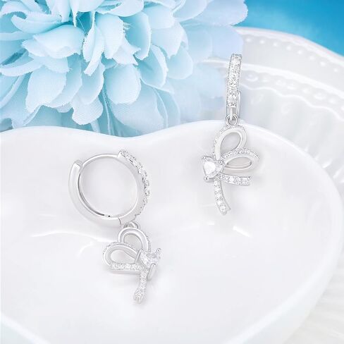 Sterling Silver Hoop Earrings for Women - Cubic Zirconia Love Heart Bow Earrings Hypoallergenic for Sensitive Ears Dainty Loop Jewelry Gifts for Wife Mom in Saudi Arabia
