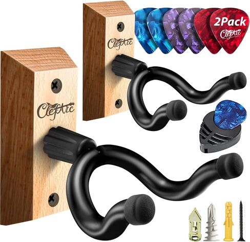 Guitar Wall Mount 2 Pack, Black Hardwood Guitar Wall Hangers, U-Shape Hardwood Guitar Hanger, Guitar Gifts for Men, Guitar Accessories, with 6 Assorted Guitar Picks in Saudi Arabia
