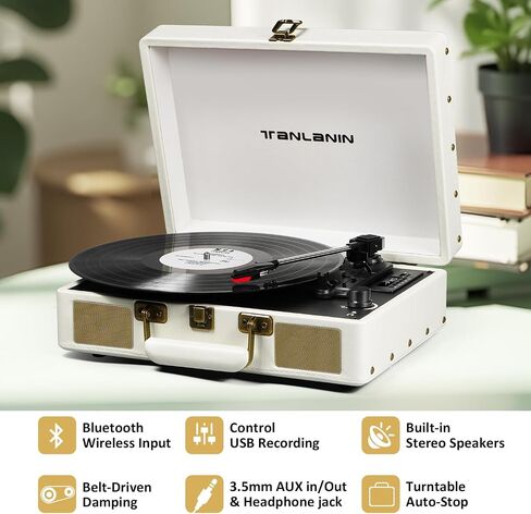 Vintage 3-Speed Bluetooth Portable USB Suitcase Record Player with Built-in Speakers | Upgraded Vinyl Turntable Audio Sound| Includes Extra Stylus & Mat | Green in Kuwait