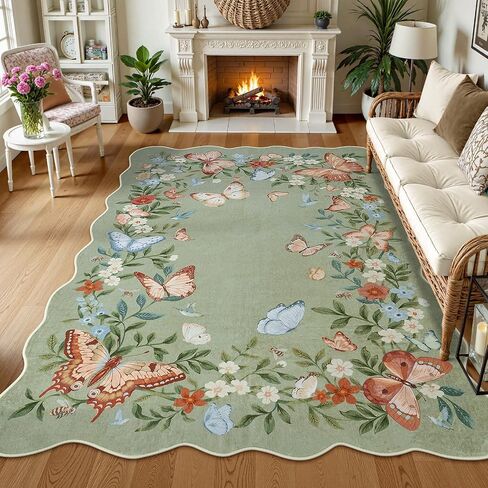 Anidaroel Butterfly Area Rugs 5x7, Washable Green Boho Rugs for Living Room Non-Slip Soft Rug for Bedroom Stain Resistant Lightweight Floral Rug Indoor Throw Carpet for Nursery Playroom in Saudi Arabia
