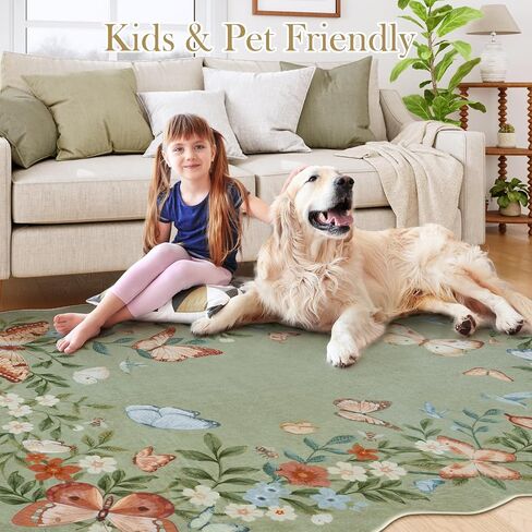 Anidaroel Butterfly Area Rugs 5x7, Washable Green Boho Rugs for Living Room Non-Slip Soft Rug for Bedroom Stain Resistant Lightweight Floral Rug Indoor Throw Carpet for Nursery Playroom in Saudi Arabia