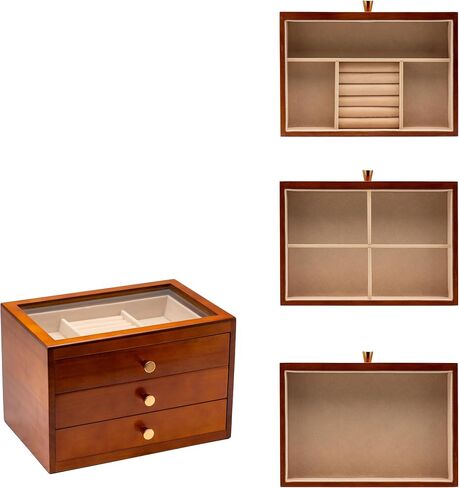Solid Wood Jewelry Organizer Box Storage for Ring Earrings Necklace Bracelet,Luxury Jewelry Case Display Holder for Women (3 Layer) in Saudi Arabia