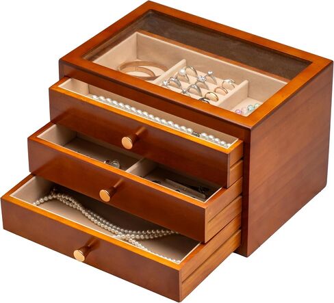 Solid Wood Jewelry Organizer Box Storage for Ring Earrings Necklace Bracelet,Luxury Jewelry Case Display Holder for Women (3 Layer) in Saudi Arabia