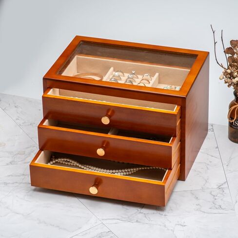 Solid Wood Jewelry Organizer Box Storage for Ring Earrings Necklace Bracelet,Luxury Jewelry Case Display Holder for Women (3 Layer) in Saudi Arabia
