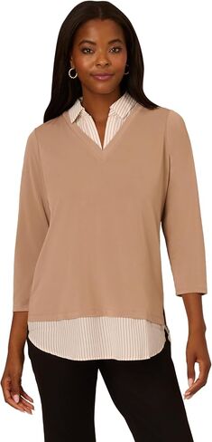 Adrianna Papell Women's Print 3/4 Sleeve Open Vneck Knit Twofer in Saudi Arabia