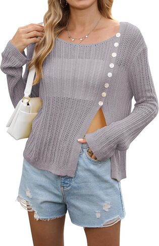 Womens Lightweight Summer Sweaters Front Split Hem Button y2K Cute Crochet Sweater Off Shoulder Thin Knit Jumper in Saudi Arabia