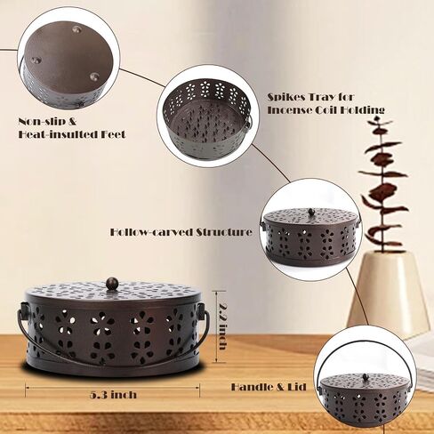 Incense Coil Holder, Retro Portable Iron Coil Incense Burner with Lid and Handle, Round Fireproof Incense Holder for Home Indoor Outdoor Hanging Camping Deck Patio (Bronze) in Kuwait