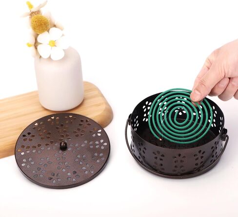 Incense Coil Holder, Retro Portable Iron Coil Incense Burner with Lid and Handle, Round Fireproof Incense Holder for Home Indoor Outdoor Hanging Camping Deck Patio (Bronze) in Kuwait
