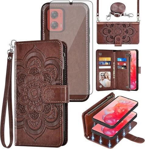 Asuwish Phone Case for Motorola Moto G Stylus 5G 2024 Zipper Wallet Magnetic Detachable Cell Cover with Tempered Glass Screen Protector Crossbody Strap Mandala Flower Card Holder G5 Women Girls Purple in Kuwait