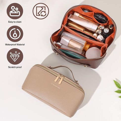 Makeup Bag, Travel Toiletry Bag for Women, Large Capacity Waterproof PU Leather Cosmetic Bags Make Up Organizer Bags with Headband and Wristband Set (Brown, Lychee Pattern) in Saudi Arabia
