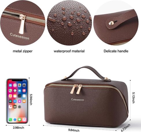 Makeup Bag, Travel Toiletry Bag for Women, Large Capacity Waterproof PU Leather Cosmetic Bags Make Up Organizer Bags with Headband and Wristband Set (Brown, Lychee Pattern) in Saudi Arabia