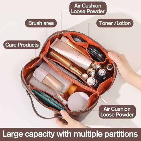 Makeup Bag, Travel Toiletry Bag for Women, Large Capacity Waterproof PU Leather Cosmetic Bags Make Up Organizer Bags with Headband and Wristband Set (Brown, Lychee Pattern) in Saudi Arabia