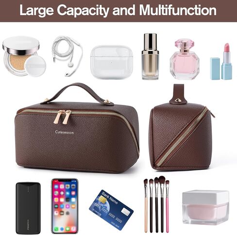 Makeup Bag, Travel Toiletry Bag for Women, Large Capacity Waterproof PU Leather Cosmetic Bags Make Up Organizer Bags with Headband and Wristband Set (Brown, Lychee Pattern) in Saudi Arabia