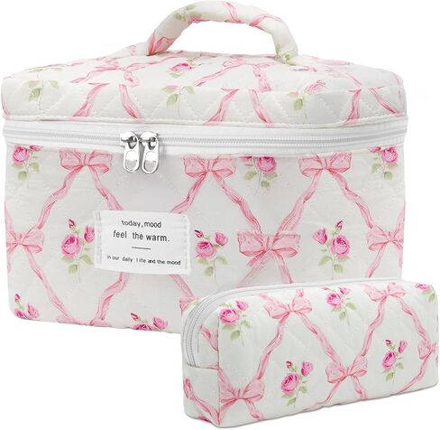 Floral Makeup Bag, Quilted Makeup Bag Set, Cotton Cosmetic Bag, Flower Travel Toiletry Bag, Coquette Aesthetic Floral Toiletry Organizer Bag in Kuwait