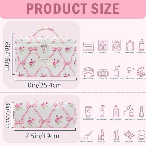 Floral Makeup Bag, Quilted Makeup Bag Set, Cotton Cosmetic Bag, Flower Travel Toiletry Bag, Coquette Aesthetic Floral Toiletry Organizer Bag in Kuwait
