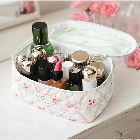 Floral Makeup Bag, Quilted Makeup Bag Set, Cotton Cosmetic Bag, Flower Travel Toiletry Bag, Coquette Aesthetic Floral Toiletry Organizer Bag in Kuwait