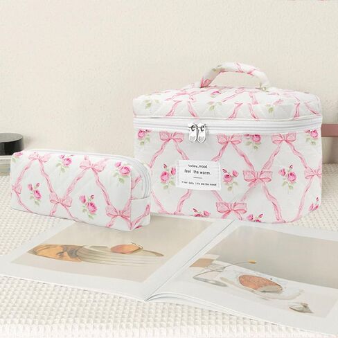 Floral Makeup Bag, Quilted Makeup Bag Set, Cotton Cosmetic Bag, Flower Travel Toiletry Bag, Coquette Aesthetic Floral Toiletry Organizer Bag in Kuwait