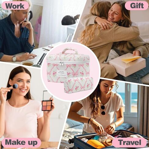 Floral Makeup Bag, Quilted Makeup Bag Set, Cotton Cosmetic Bag, Flower Travel Toiletry Bag, Coquette Aesthetic Floral Toiletry Organizer Bag in Kuwait