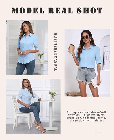 Zeagoo Womens Button Down Down Sirt 3 4 Sleeve Italial Dress Tirtts Light Blue in Saudi Arabia