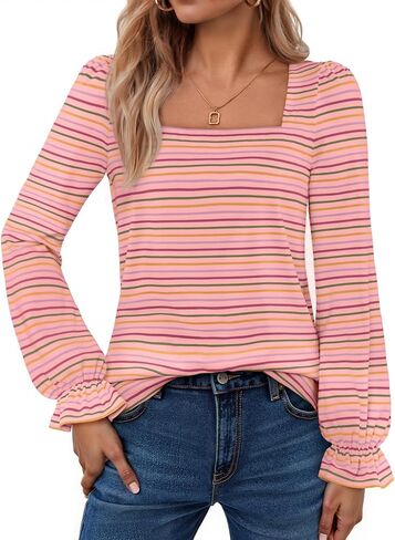 MEROKEETY Women's Fall Square Neck Striped Shirt Puff Long Sleeve Casual Loose Tops 2025 Trendy Blouse in Saudi Arabia