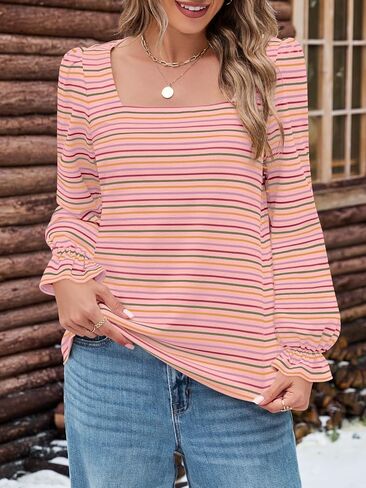 MEROKEETY Women's Fall Square Neck Striped Shirt Puff Long Sleeve Casual Loose Tops 2025 Trendy Blouse in Saudi Arabia