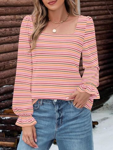 MEROKEETY Women's Fall Square Neck Striped Shirt Puff Long Sleeve Casual Loose Tops 2025 Trendy Blouse in Saudi Arabia