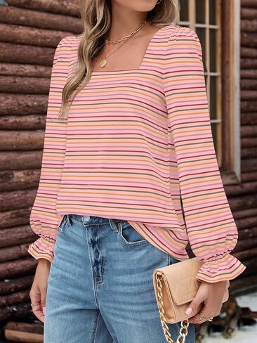 MEROKEETY Women's Fall Square Neck Striped Shirt Puff Long Sleeve Casual Loose Tops 2025 Trendy Blouse in Saudi Arabia