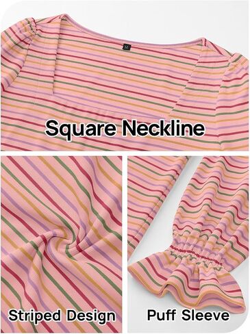 MEROKEETY Women's Fall Square Neck Striped Shirt Puff Long Sleeve Casual Loose Tops 2025 Trendy Blouse in Saudi Arabia